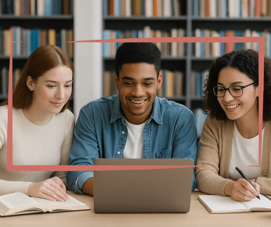 Étudiants Préparant Un Double Diplôme International, Travaillant En équipe Dans Une Bibliothèque Moderne